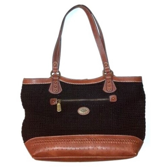 🍓B.O.C. Barn Concepts Shoulder Bag Purse, Tan Leather with Black Weave - Picture 2 of 7